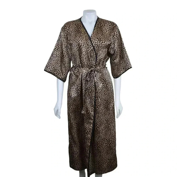 Vintage Natori Private Luxury Leopard Animal Print Robe Kimono Brown Black Med - Picture 1 of 9